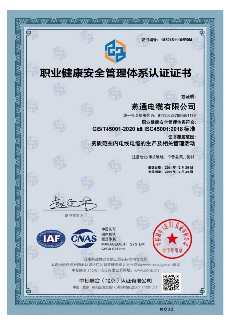 職業(yè)健康管理體系認(rèn)證證書